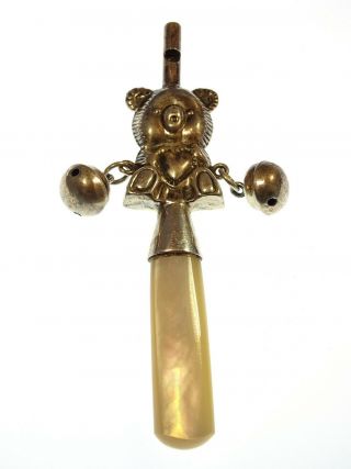 Antique Sterling Silver Teddy Bear Baby Rattle With Nanny Whistle Mop Handle