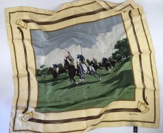 Vintage Ralph Lauren Polo 100 Silk Scarf Horse Game Equestrian Green Horse Bit