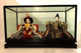 Great Vintage Hina Doll Set - Emperor and Empress With Stand And glass Cover 2