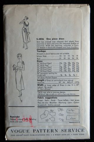Vintage Vogue Special Design 50 ' s Dinner Dress Pattern No.  S - 4826 2