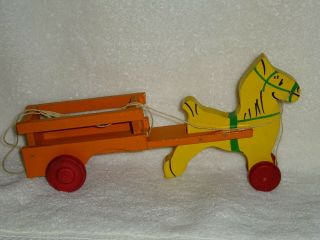 Rare Vintage Wooden Pull Toy: Horse Pulling Wagon 9 Inch Length