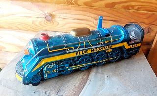 Vintage Old Antique Toy Tin Litho Japanese Blue Mountain Train,  Battery Operated