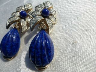 Vintage Signed Panetta Faux Diamond Lapis Rhinestone Dangle Earrings