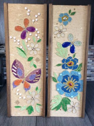 Vintage Mid Century Gravel Art Set Flowers Butterflies Multi Colored 24”