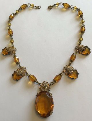 Vintage Art Deco Topaz Amber Glass Bead And Rhinestone Pendant Necklace N1