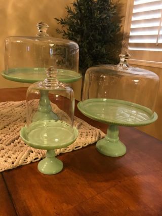 3 Vintage Jadeite Green Glass Cake Servers With Clear Glass Domes 2