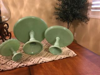 3 Vintage Jadeite Green Glass Cake Servers With Clear Glass Domes 6
