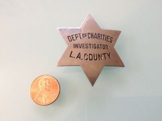 Vintage Los Angeles County Dept.  Of Charities Investigator Pin Rare Badge ?