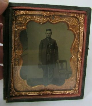 Vintage Tintype Of Civil War Soldier In Uniform Standing With Kepi Cap In Hand