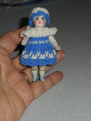 Antique Detailed 3 1/4 " Bisque Doll With Blue Glass Eyes - Germany