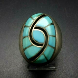 Quandelacy Vintage Zuni Sterling Silver Turquoise Hummingbird Inlay Ring Sz 8.  5