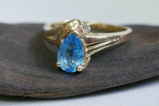 Vintage 14k Yellow Gold Pear Shape Blue Topaz With Diamond Ring - Size 6