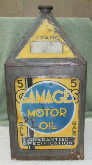 Rare Vintage Gamages 5 Gallon Pyramid Motor Oil Can / Tin C1930 
