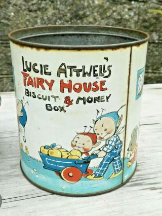 VINTAGE ANTIQUE CRAWFORD MABEL LUCIE ATWELL FAIRY HOUSE MONEY BOX BISCUIT TIN 2