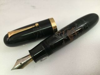 Japan Vintage Jumbo Fountain Pen Piston Fill Fine Nib Black Lacquer Carved Scene
