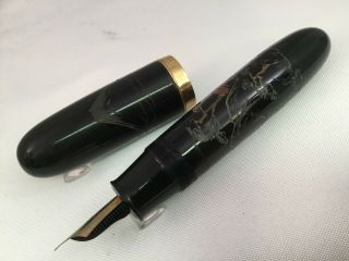 Japan Vintage Jumbo Fountain Pen Piston Fill Fine Nib Black Lacquer Carved Scene 3