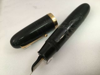 Japan Vintage Jumbo Fountain Pen Piston Fill Fine Nib Black Lacquer Carved Scene 4