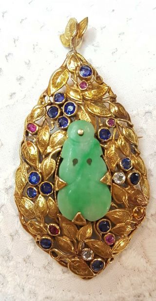 Vintage 14k Gold Green Jade Blue Sapphires Red Rubies Pin Pendant Estate Jewelry