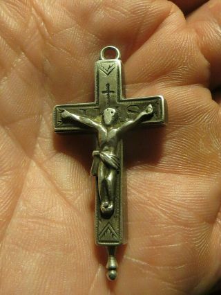 About 1800 French Reliquary Cross Pendant Silver: Jesus Flaming Heart Sword