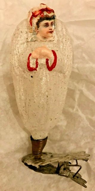 Antique Vintage Baby Angel W Paper Face On Clip German Glass Christmas Ornament