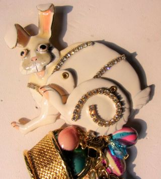 Vintage Lunch At The Ritz Enamel Rhinestone Easter Bunny Jeweled Pin Pendant Wow