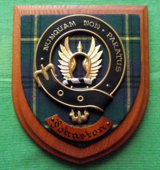 Vintage Old Scottish Carved Oak Clan Johnston Tartan Plaque Crest Shield Z