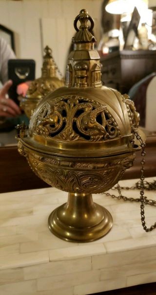 Vintage Antique Brass Triple Chain Church Censer Thurible Griffins Gargoyles