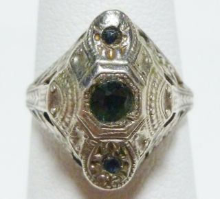 Ostby Barton Sterling Silver Blue Sapphire Three Stone Filigree Deco Ring Band