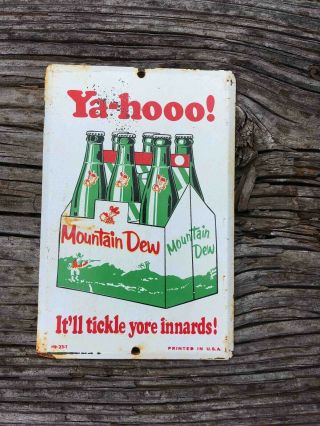 Vintage Ya - Hoo Mountain Dew Painted Tin Advertising Soda Door Push Sign