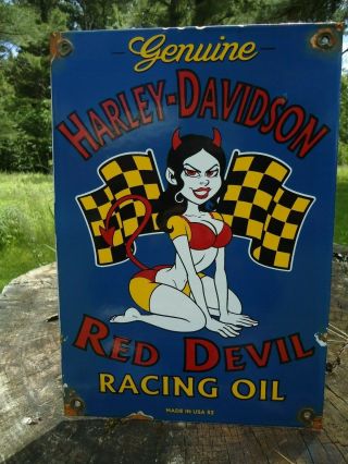 Old Vintage 1953 Motorcycle Red Devil Racing Oil Porcelain Advertising Sign