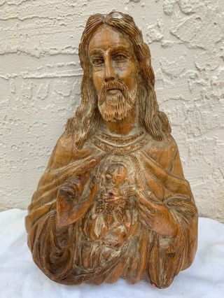 Vintage Wood Carved Sacred Heart Of Jesus Christ Sculpture