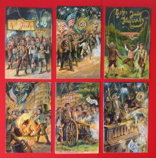 Vintage July Fourth Postcards - Set Of 6 - Series 746 - Fireworks Celebrations