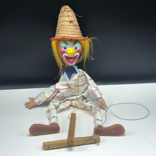 Clown Puppet Wood Vintage Scary Jester Circus Figurine Straw Hat It Carnival Usa