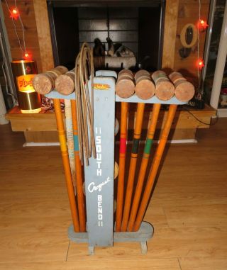 Vintage Antique South Bend Wood Croquet Set On Stand With Carrying Handle