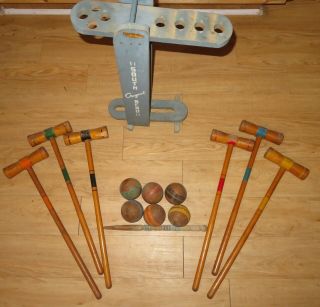 Vintage Antique South Bend Wood Croquet Set on stand with carrying handle 4