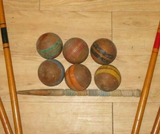 Vintage Antique South Bend Wood Croquet Set on stand with carrying handle 5