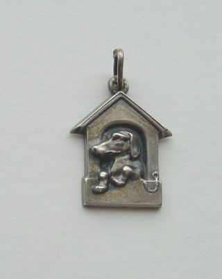 Antique German Silver 800 Art Nouveau Repousse Charm Dachshund Dog In Doghouse