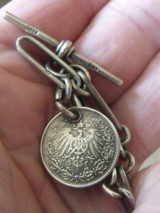 ANTIQUE DOUBLE ALBERT STERLING SILVER POCKET WATCH CHAIN.  1/2 MARK COIN FOB. 3