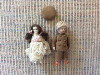 2 Tiny Antique Miniature Bisque Dolls,  Boy With Suit,  Girl In Lace