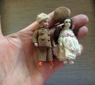 2 Tiny Antique Miniature Bisque Dolls,  Boy with Suit,  Girl in Lace 3