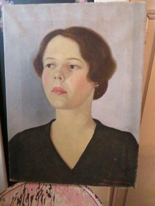 Gorgeous Vintage Portrait Oil Painting Woman On Canvas Mid Century Well Painted