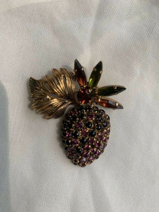 Christian Dior Vintage Brooch 1964 Germany Gold Tone Leaf With Stones.