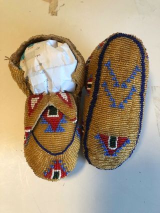 Vintage Fully Beaded Child’s Ceremonial Moccasins,  Soft Split Tongue,  5” Long