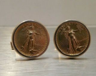 Vintage - Signed - 14k Yellow Gold Bezel Set - 1/10 Oz Gold American Eagles - Cuff Links