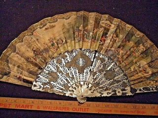 Hand Fan,  23x11 " Mop Pierced Sticks,  Hand Paint French Rococco,  18th C 2 Sid