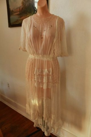 Antique Edwardian Tissue Silk Irish Crocheted Lace Trim Beading Wedding Dress
