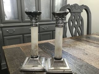 Marble Silver Plate Plated Corinthian Column Candlestick Pair Antique
