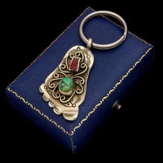 Antique Vintage Native Sterling Silver Navajo Pawn Turquoise Red Coral Keychain
