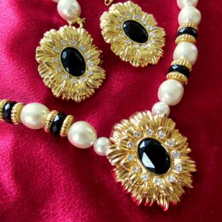 VTG RUNWAY FAUX PEARL/ONYX KJL KENNETH J LANE AVON RHINESTONE NECKLACE EARRINGS 4