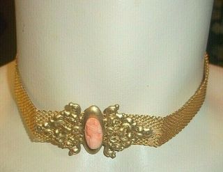 Mesh Choker Style Necklace With Pink Coral Vintage Cameo